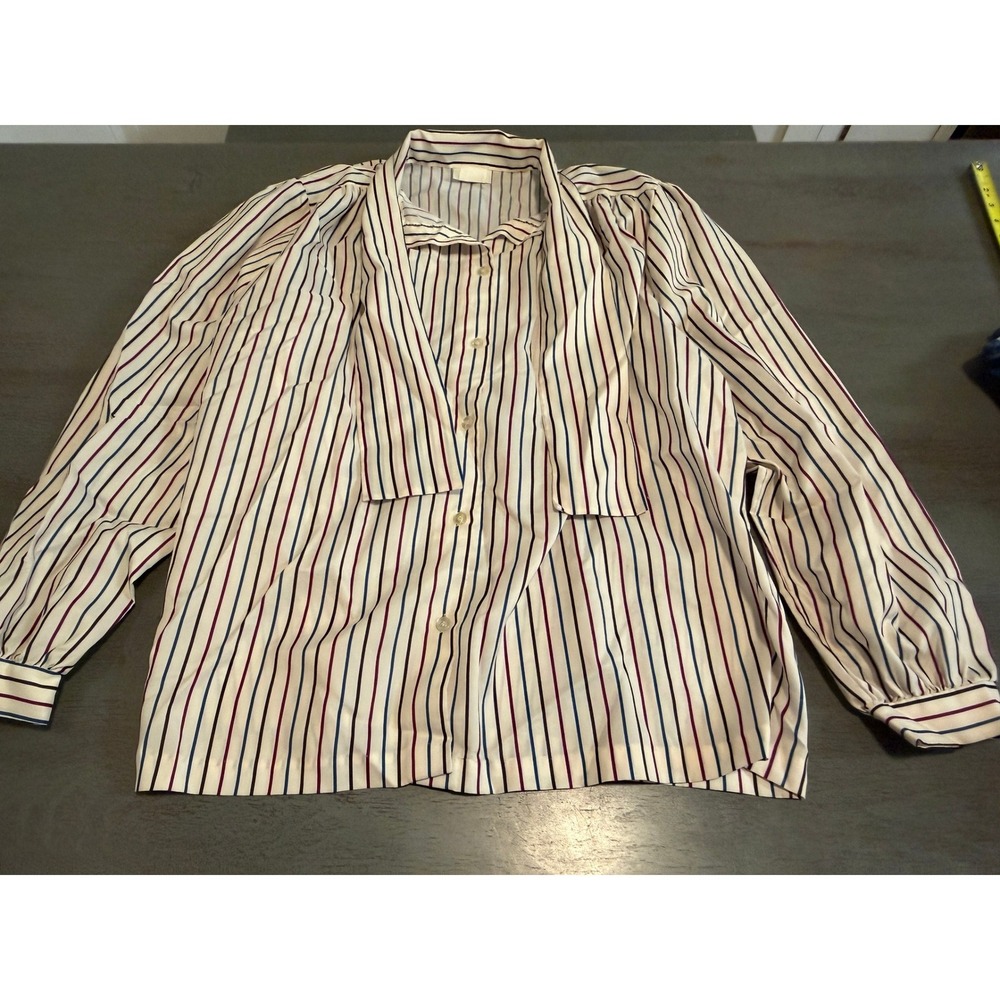 Vintage Lady Cos Cob Striped Tie Neck Blouse White Navy Burgundy Size 42 XL